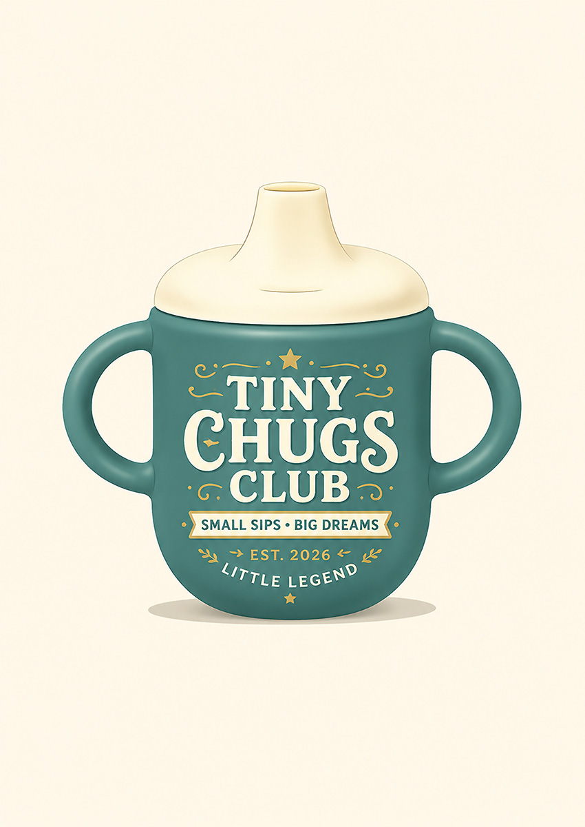 Illustrated artwork of a green Tiny Chugs Club baby bottle with elegant typography